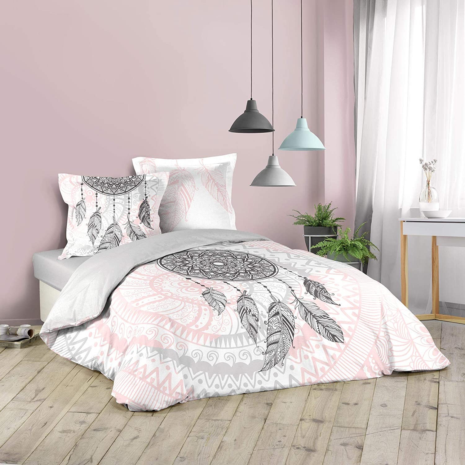 Housse de couette 240x220 Bonnie gris + 2 taies coton 57 fils