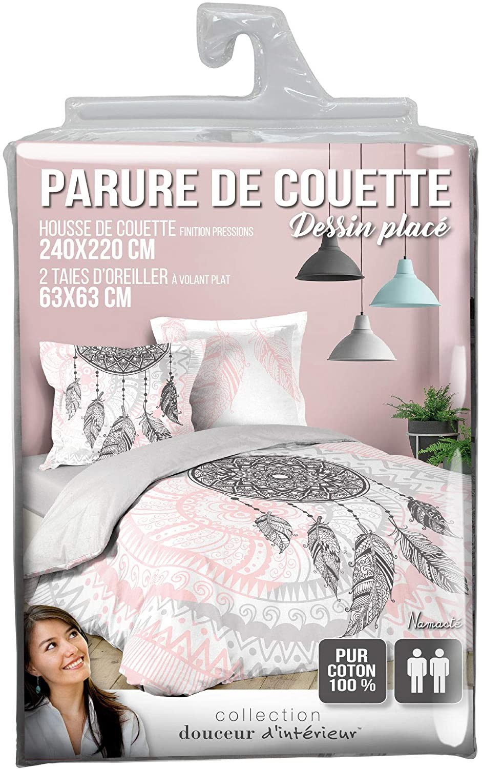 Parure de lit 2 places 100% coton carreaux gris 