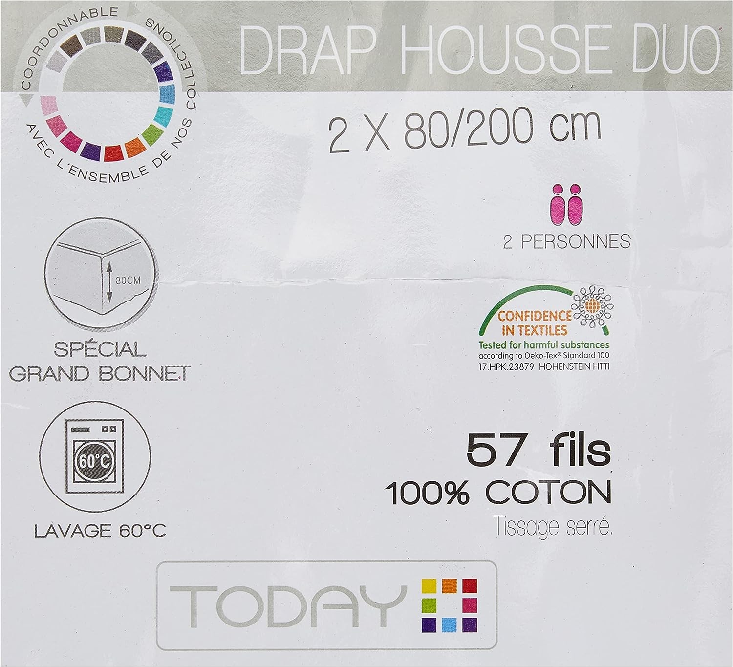 Drap Housse Duo 2x80 cm Longueur 200 cm Coton Today Chantilly