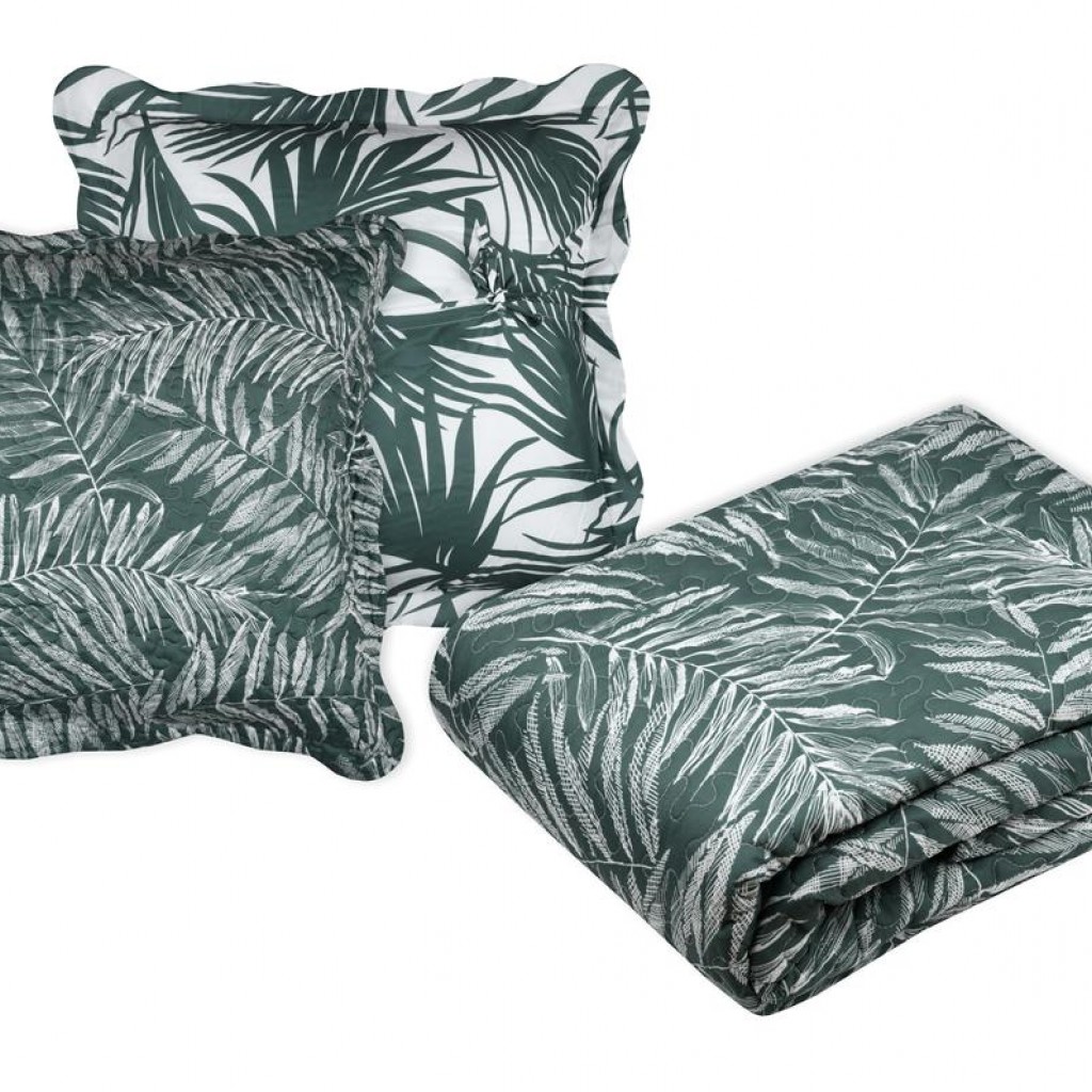 Lovely Casa Stof Couvre lit Boutis avec 2 Taies 260 x 240 cm Manisa Vert Feuilles