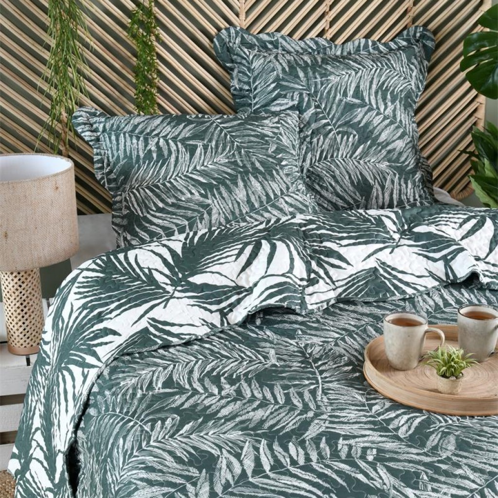 Lovely Casa Stof Couvre lit Boutis avec 2 Taies 260 x 240 cm Manisa Vert Feuilles