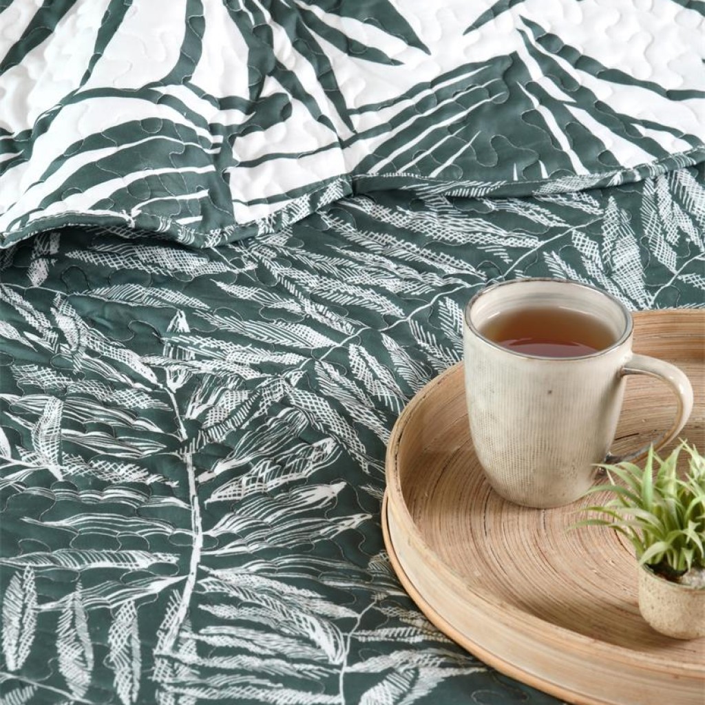 Lovely Casa Stof Couvre lit Boutis avec 2 Taies 260 x 240 cm Manisa Vert Feuilles