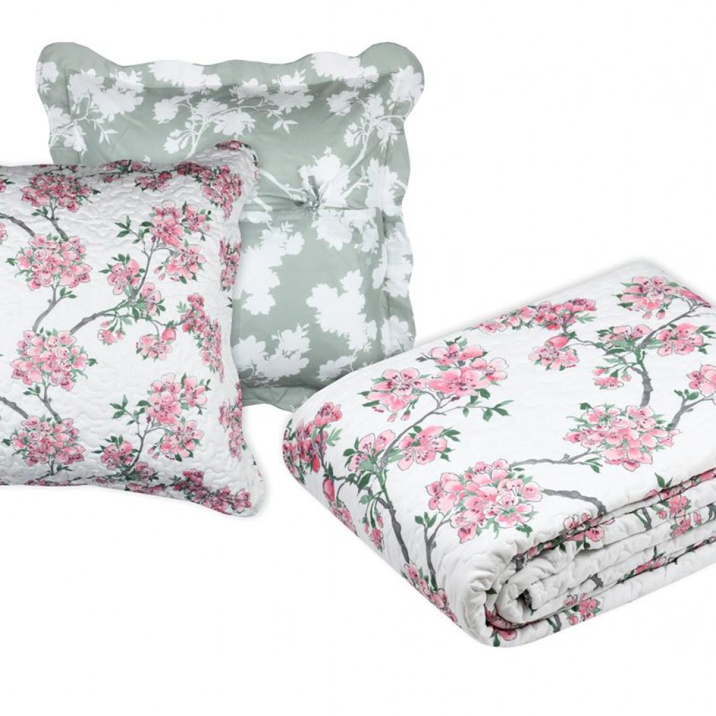 Lovely Casa Stof Couvre lit Boutis avec 2 Taies 220 x 240 cm Atami Fleurs de Cerisiers