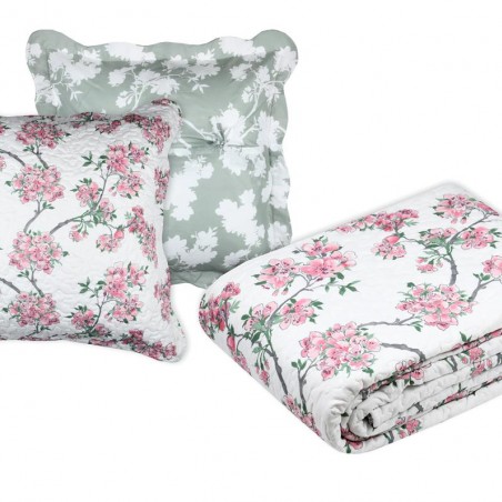 Lovely Casa Stof Couvre lit Boutis avec 2 Taies 220 x 240 cm Atami Fleurs de Cerisiers