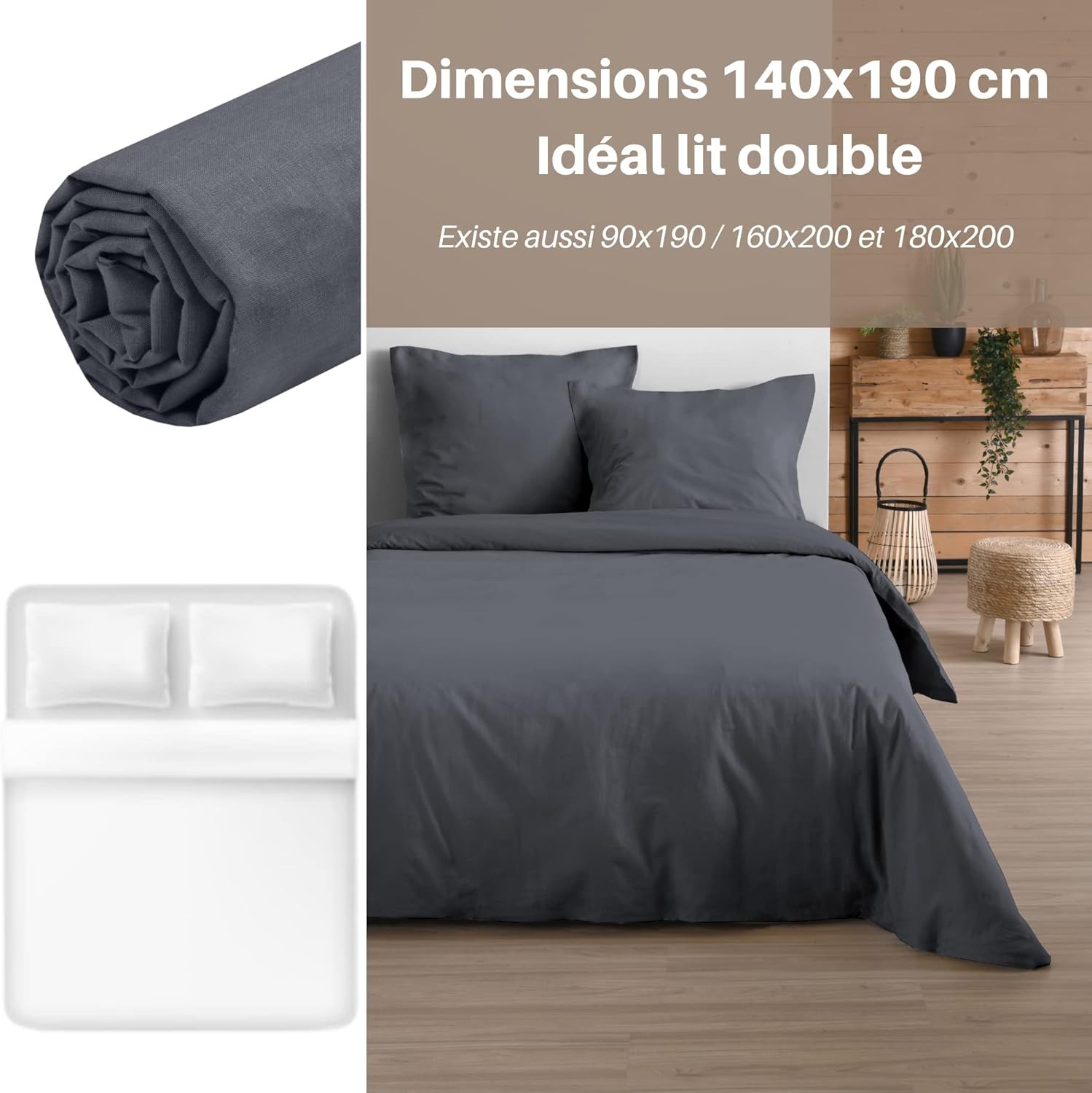 Drap Housse Stof 140 x 200 cm bonnet 30cm 57 Fils Coton Eden Ardoise
