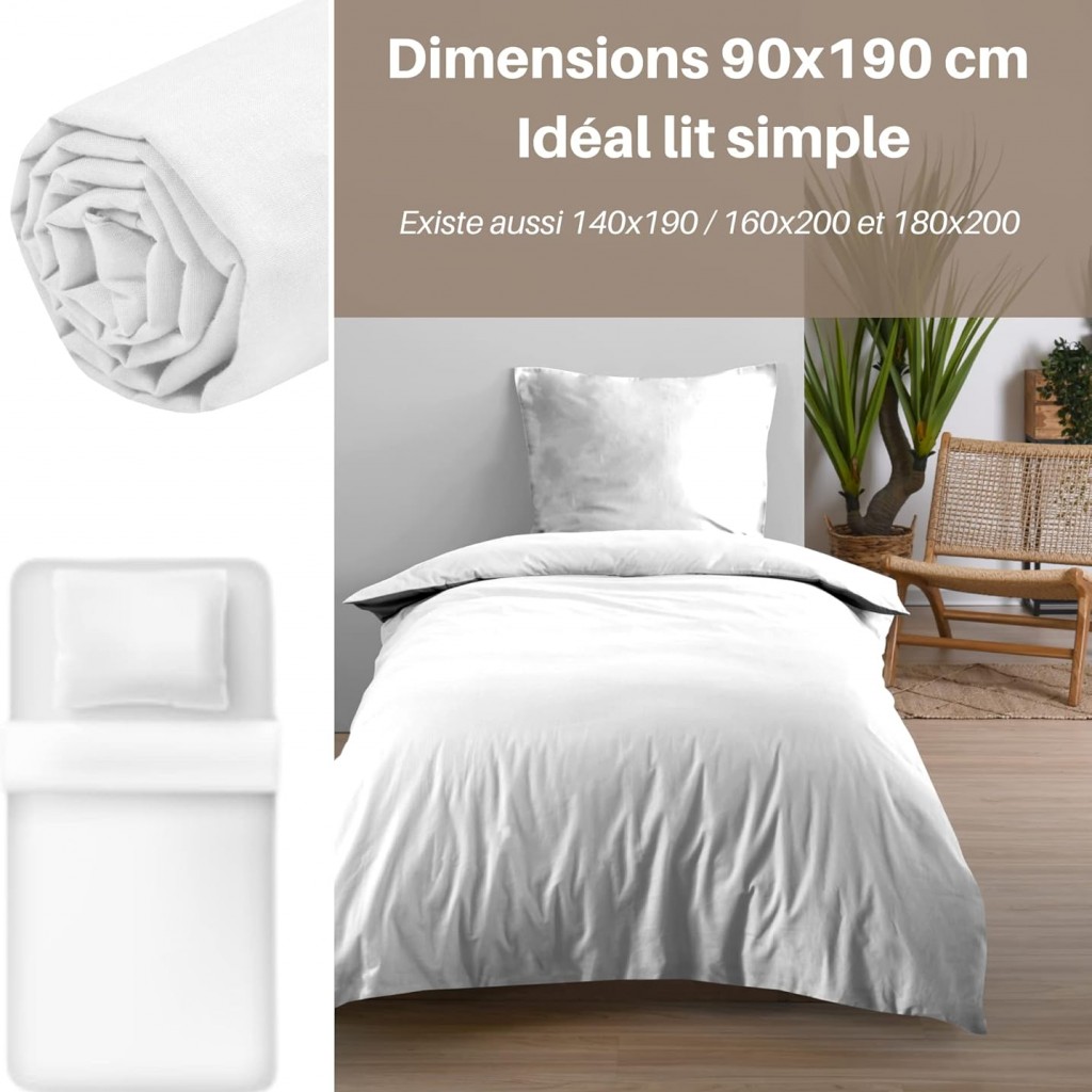 Drap Housse 90 x 190 cm bonnet 30 cm 57 Fils Coton Eden Blanc