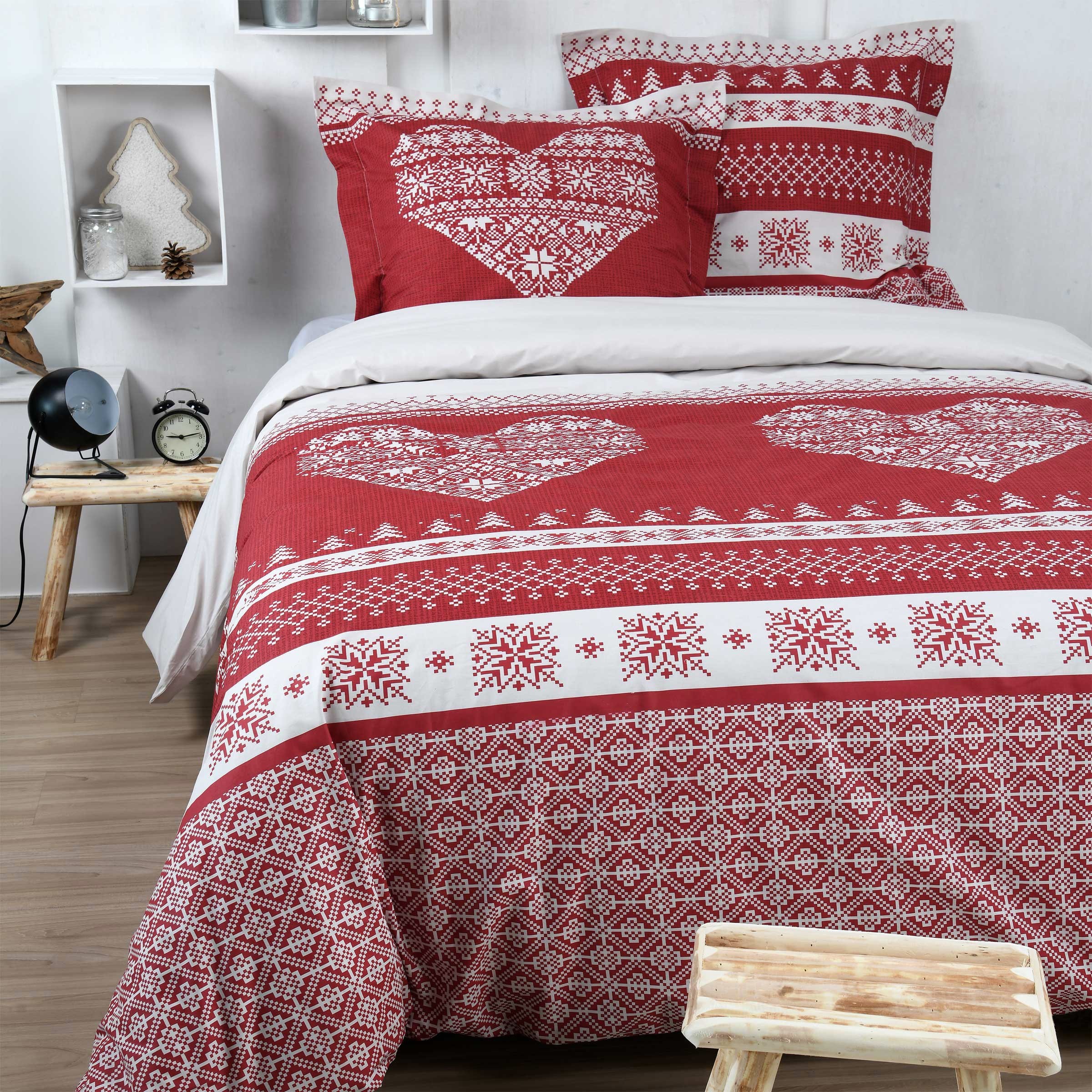 Housse de couette et deux taies coton 260  Chabottes Rouge