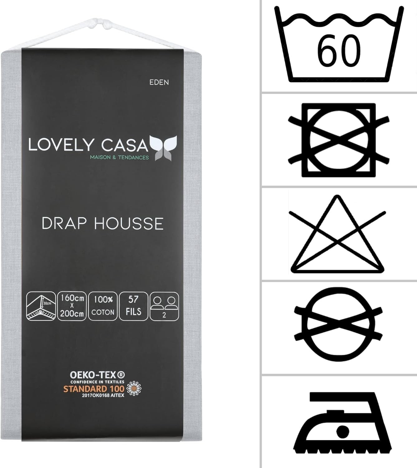 DRAP HOUSSE EDEN SOURIS 160X200 cm