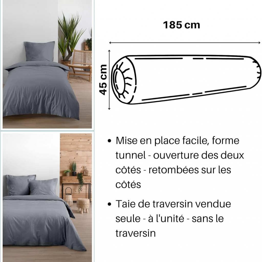 Stof - Taie de Traversin 45 x 185 cm Eden Coton Gris Souris