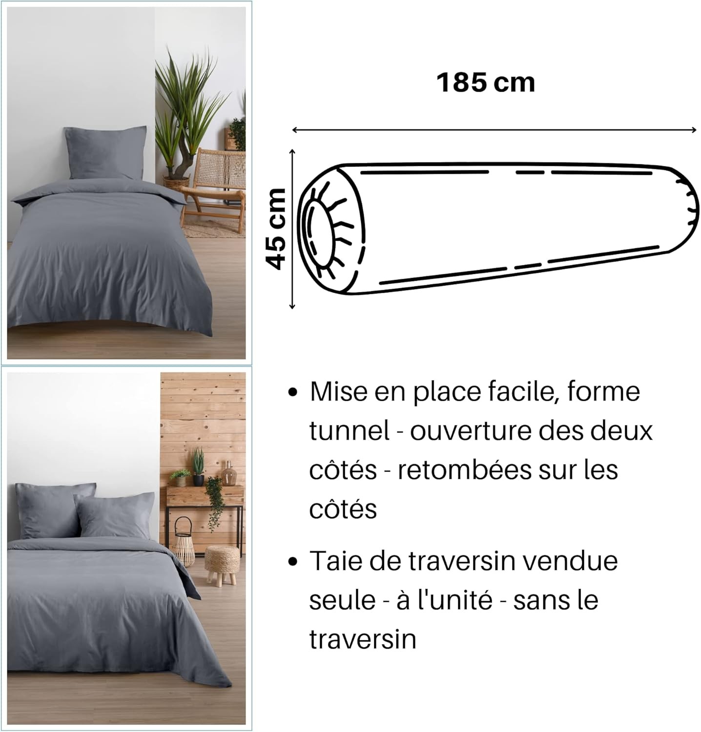 Stof - Taie de Traversin 45 x 185 cm Eden Coton Gris Souris Stof - Taie de Traversin 45 x 185 cm Eden Coton Gris Souris