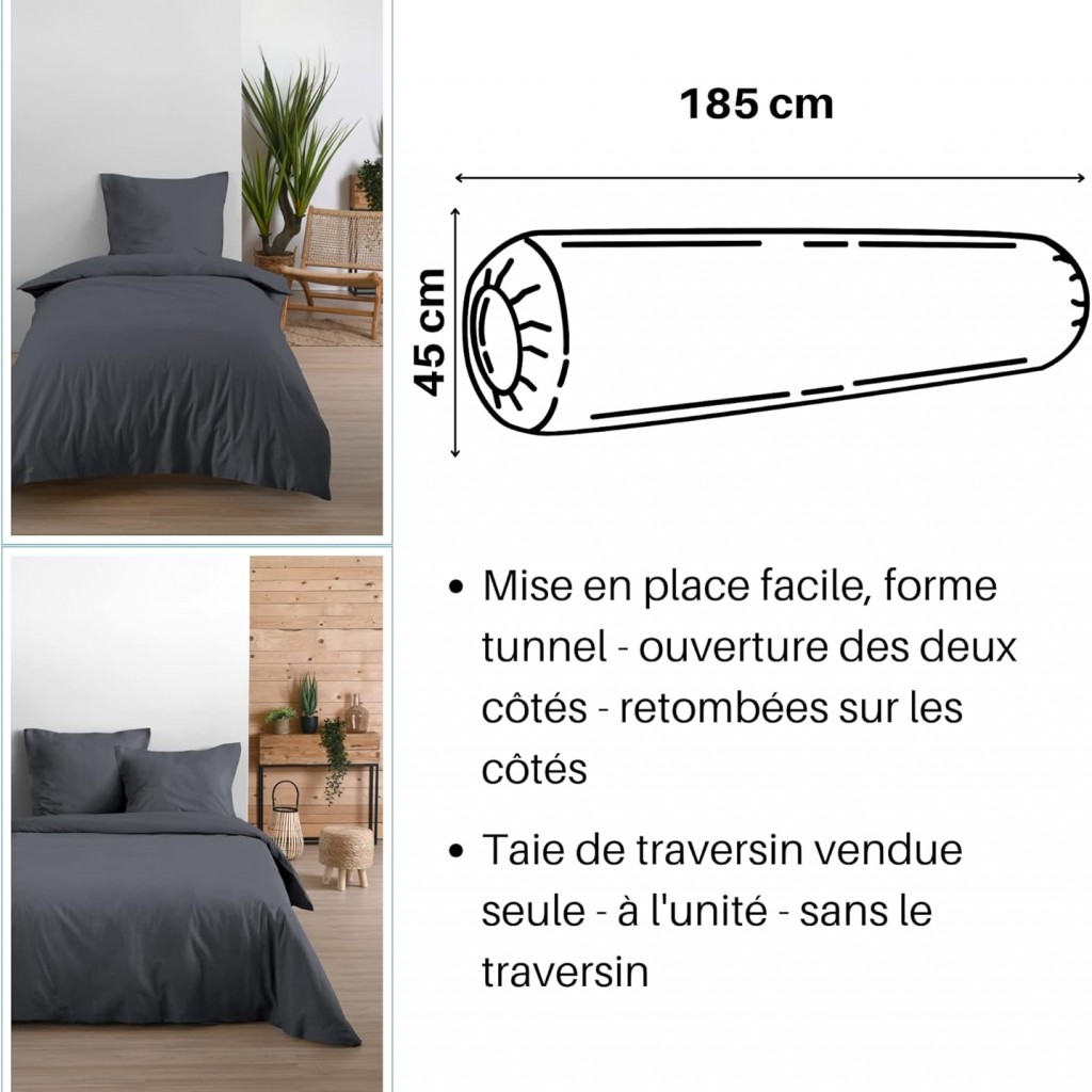 Stof - Taie de Traversin 45 x 185 cm Eden Coton Ardoise