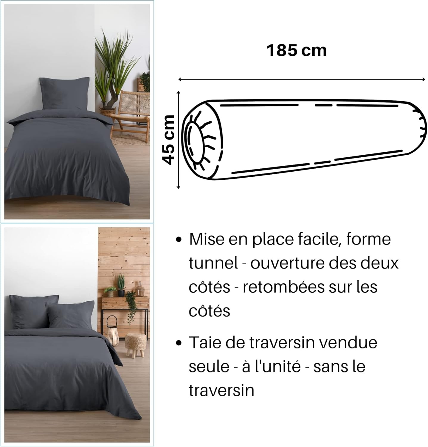 Stof - Taie de Traversin 45 x 185 cm Eden Coton Ardoise