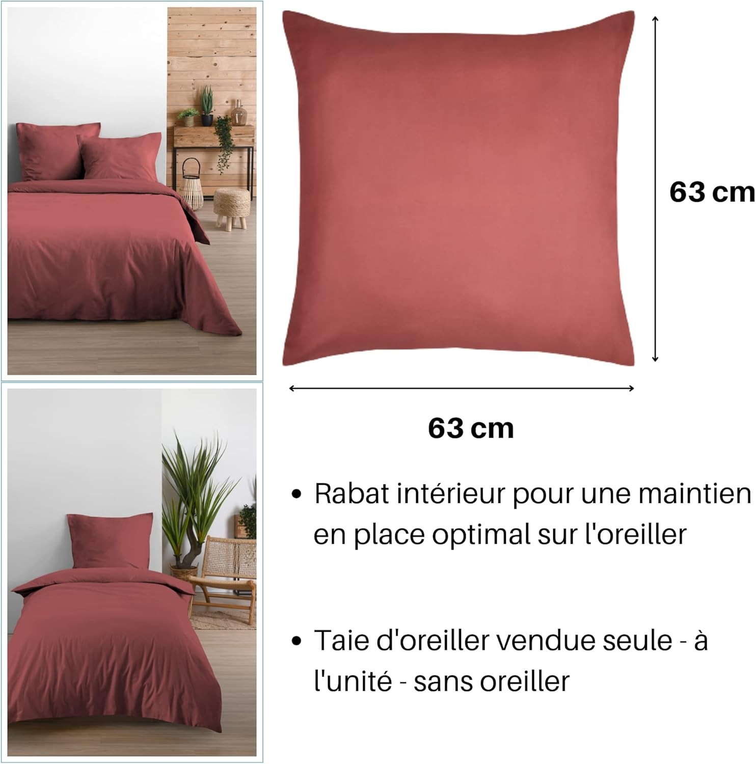 Taie d'Oreiller Sac 63 x 63 cm Eden Coton, Grenache