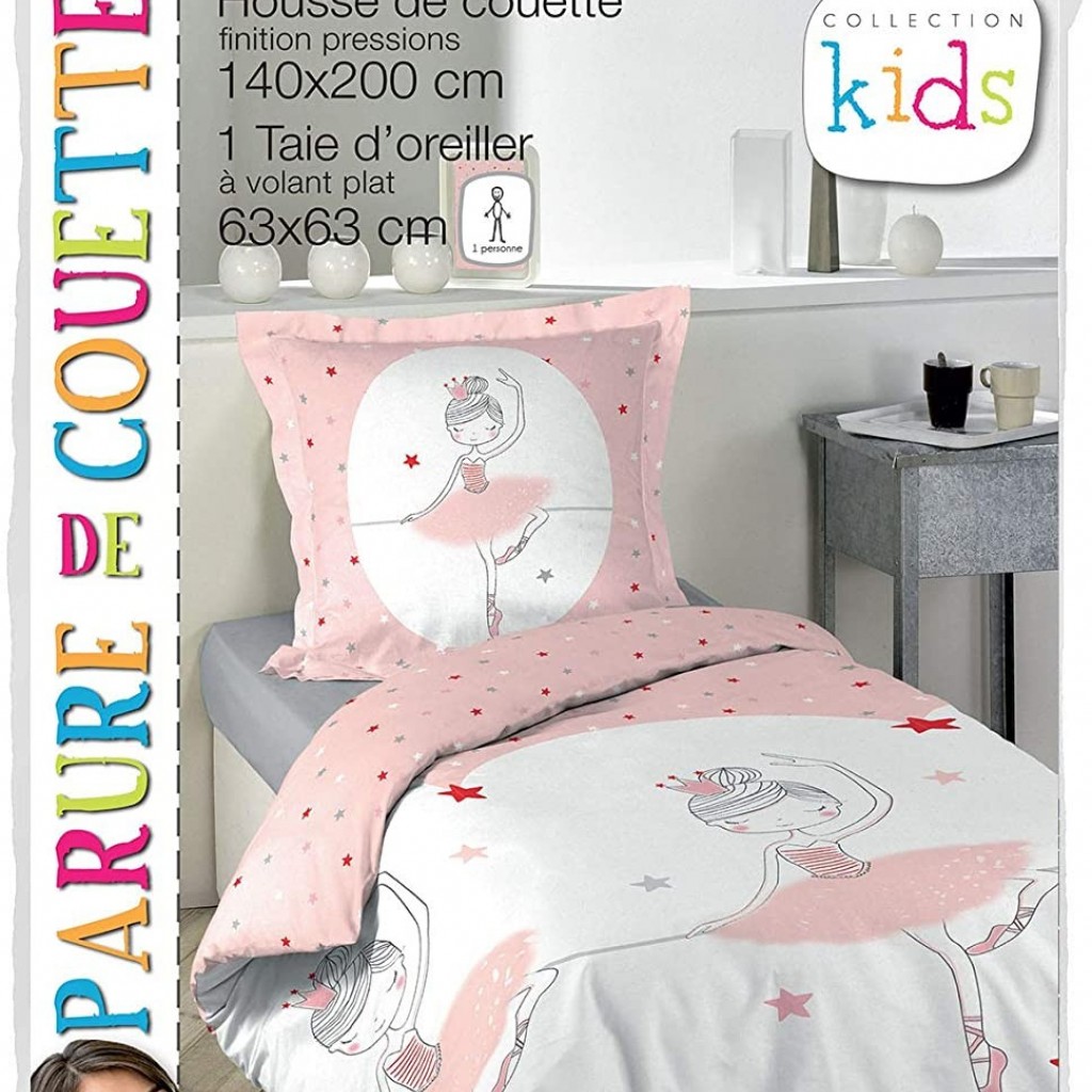 Pack parure de couette enfant 140x200 cm Danseuse + drap housse 90x190  Blanc