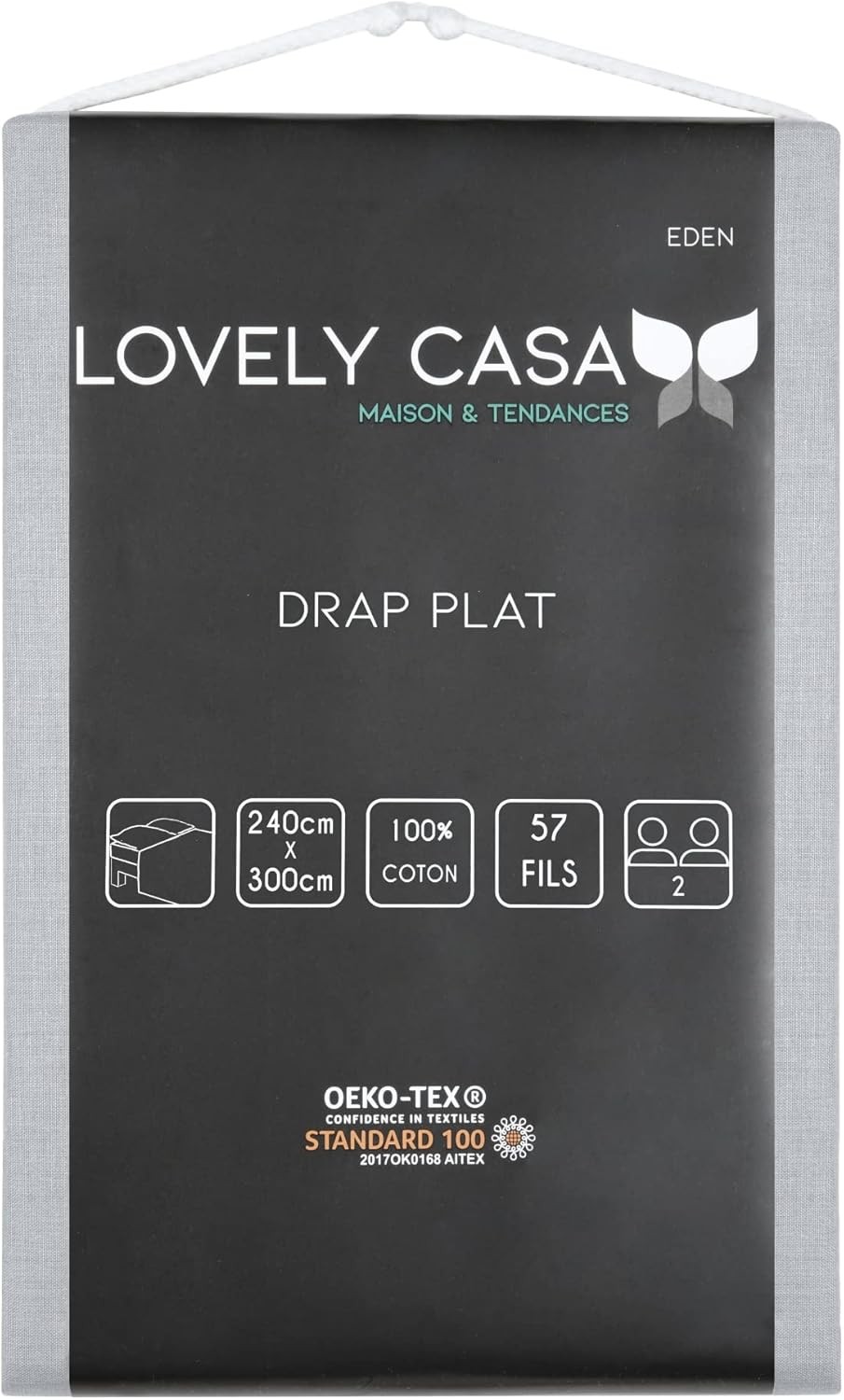 Stof - Drap Plat Coton 240 x 300 cm 57 Fils  Eden, gris