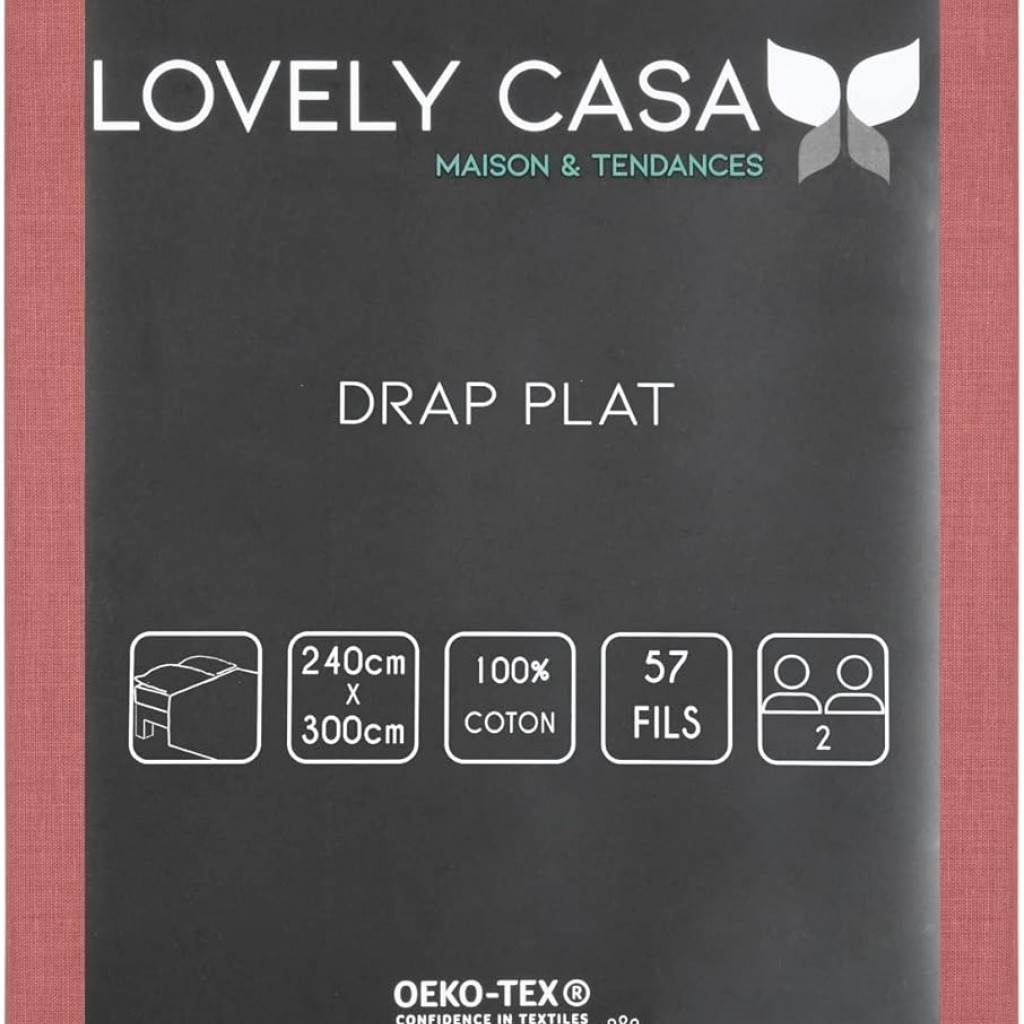 Drap Plat Coton 240 x 300 cm 57 Fils  Eden, Grenache