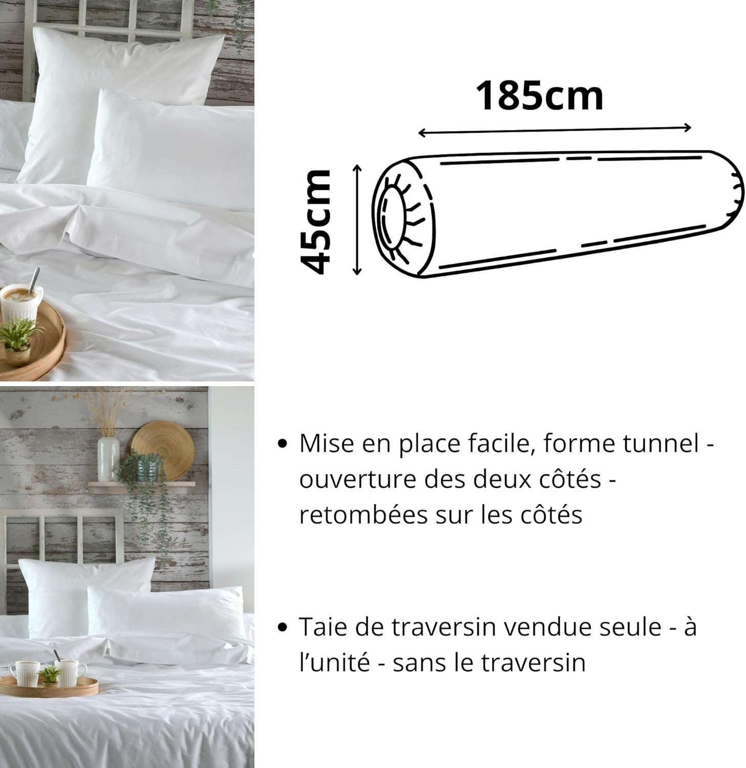 Stof - Taie de traversin 45 x 185 cm Elysée 78 fils Percale Blanc