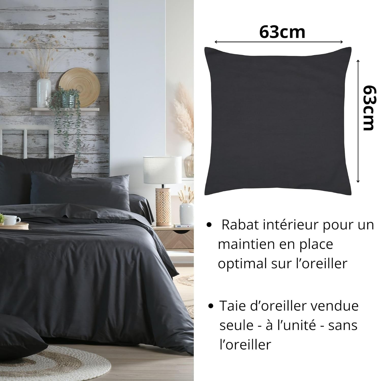 Stof - Taie d'Oreiller Sac 63 x 63 cm Elysée 78 fils Percale Anthracite
