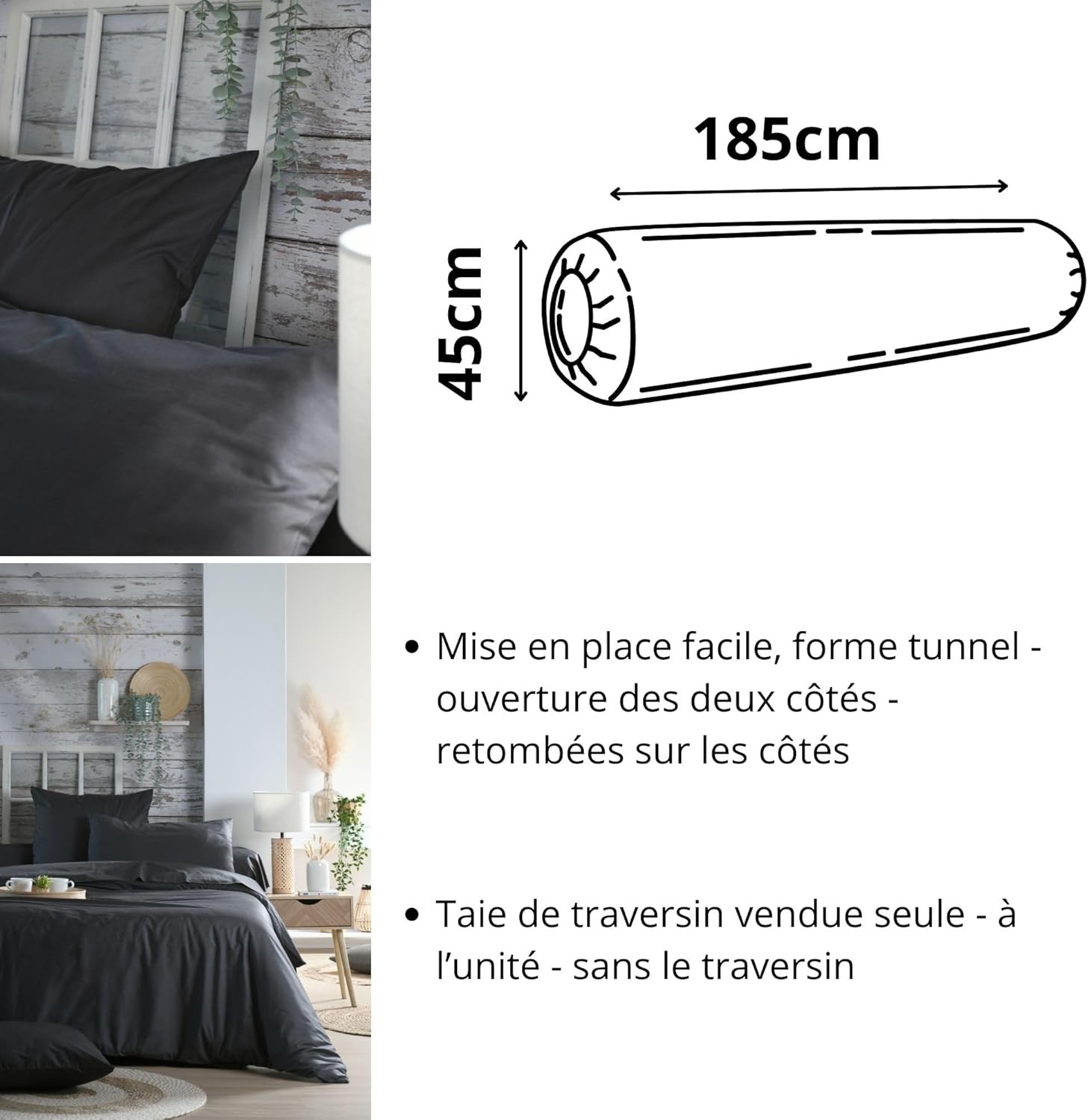 Stof - Taie de traversin 45 x 185 cm Elysée 78 fils Percale Anthracite