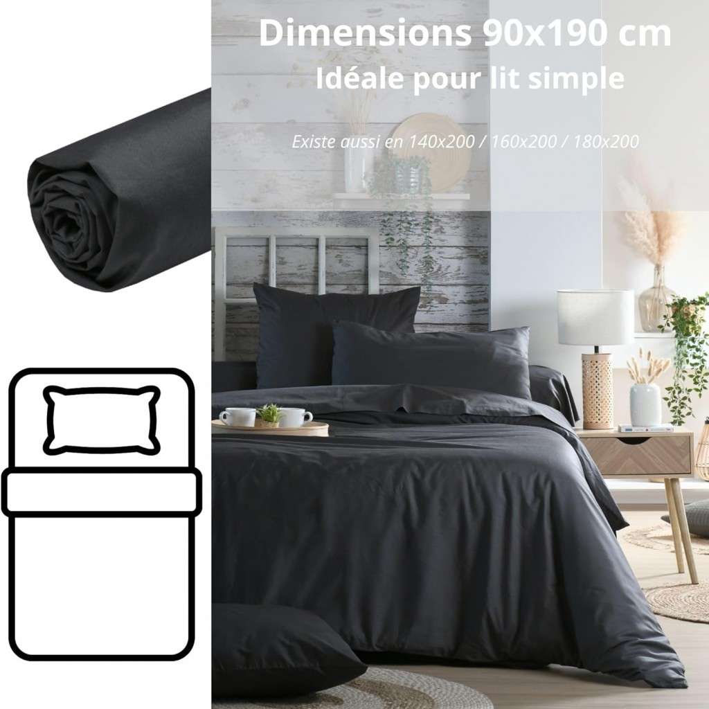 Drap Housse Stof 90 x 190 cm bonnet 30cm 78 Fils Percale Elysée Anthracite