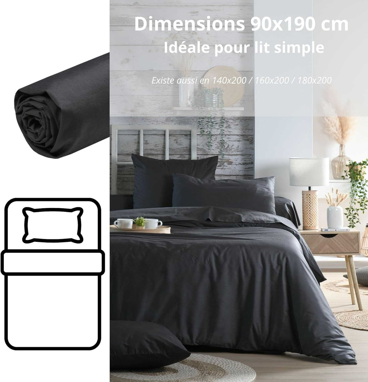 Drap Housse Stof 90 x 190 cm bonnet 30cm 78 Fils Percale Elysée Anthracite Drap Housse Stof 90 x 190 cm bonnet 30cm 78 Fils Percale Elysée Anthracite