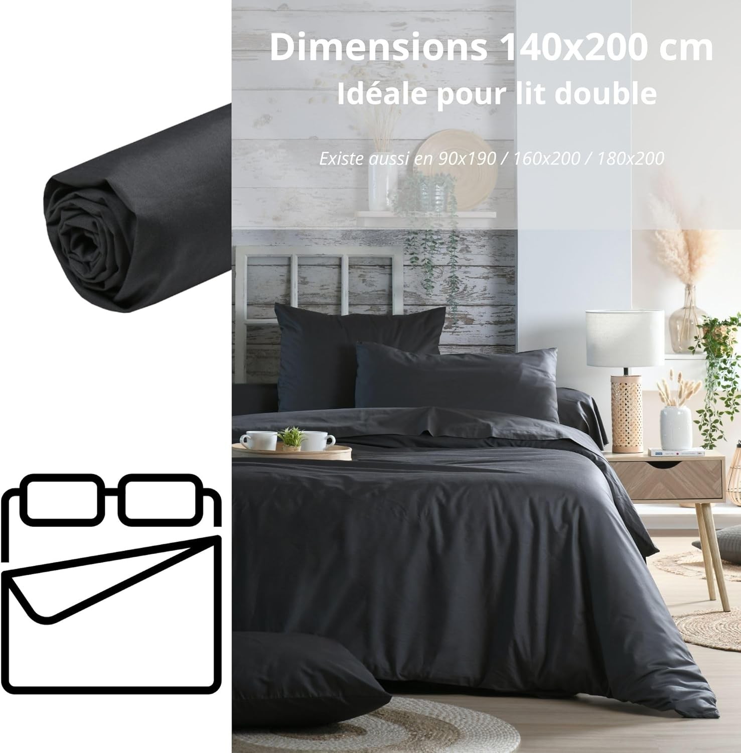 Drap Housse Stof 140 x 200 cm bonnet 30cm 78 Fils Percale Elysée Anthracite Drap Housse Stof 140 x 200 cm bonnet 30cm 78 Fils Percale Elysée Anthracite