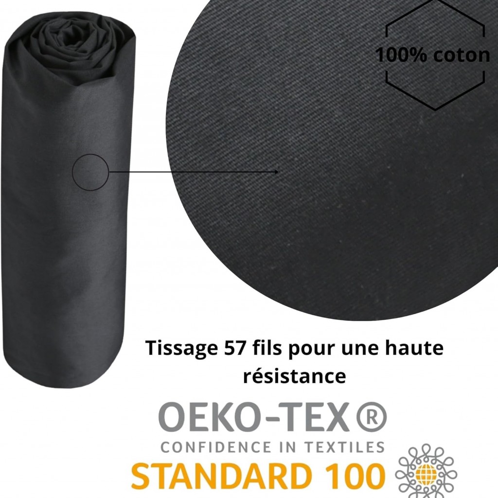 Drap Housse Stof 140 x 200 cm bonnet 30cm 78 Fils Percale Elysée Anthracite