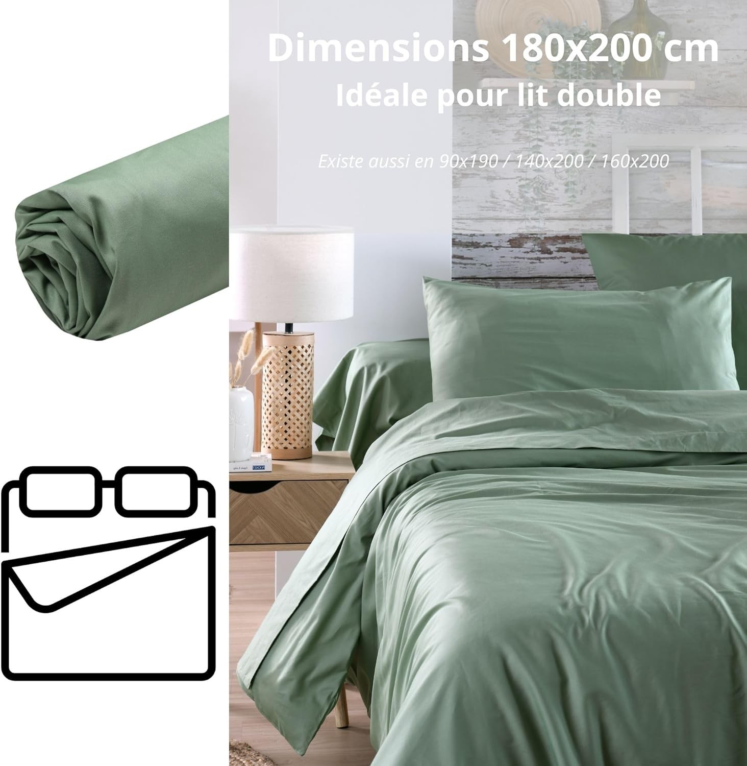 Drap Housse Stof 180 x 200 cm bonnet 30cm 78 Fils Percale Elysée Vert Drap Housse Stof 180 x 200 cm bonnet 30cm 78 Fils Percale Elysée Vert