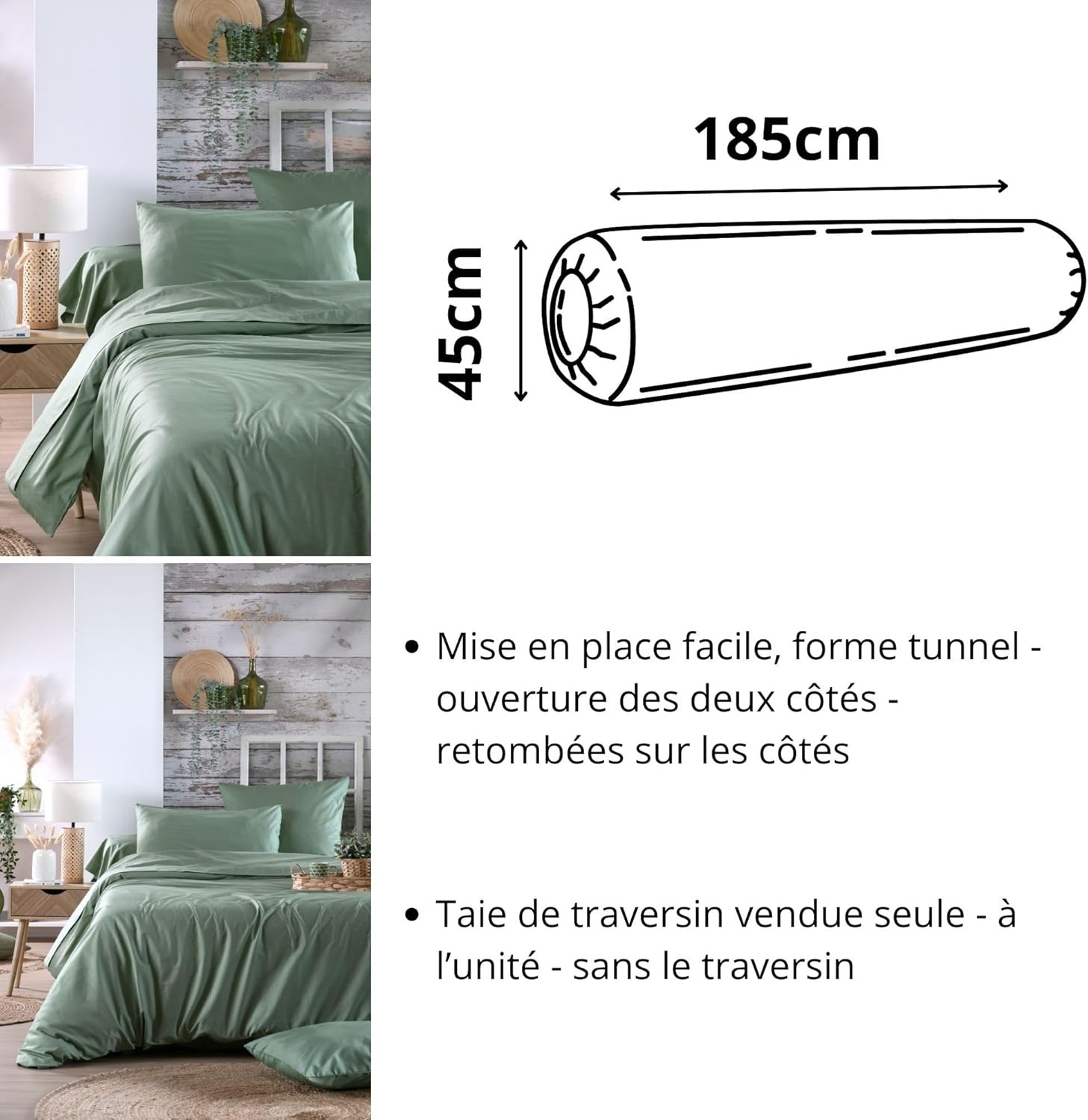 Stof - Taie de traversin 45 x 185 cm Elysée 78 fils Percale Vert Stof - Taie de traversin 45 x 185 cm Elysée 78 fils Percale Vert