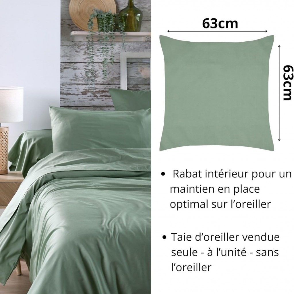 Stof - Taie d'Oreiller Sac 63 x 63 cm Elysée 78 fils Percale Vert