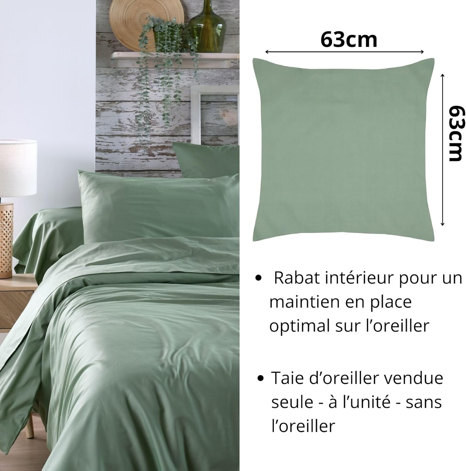 Stof - Taie d'Oreiller Sac 63 x 63 cm Elysée 78 fils Percale Vert Stof - Taie d'Oreiller Sac 63 x 63 cm Elysée 78 fils Percale Vert
