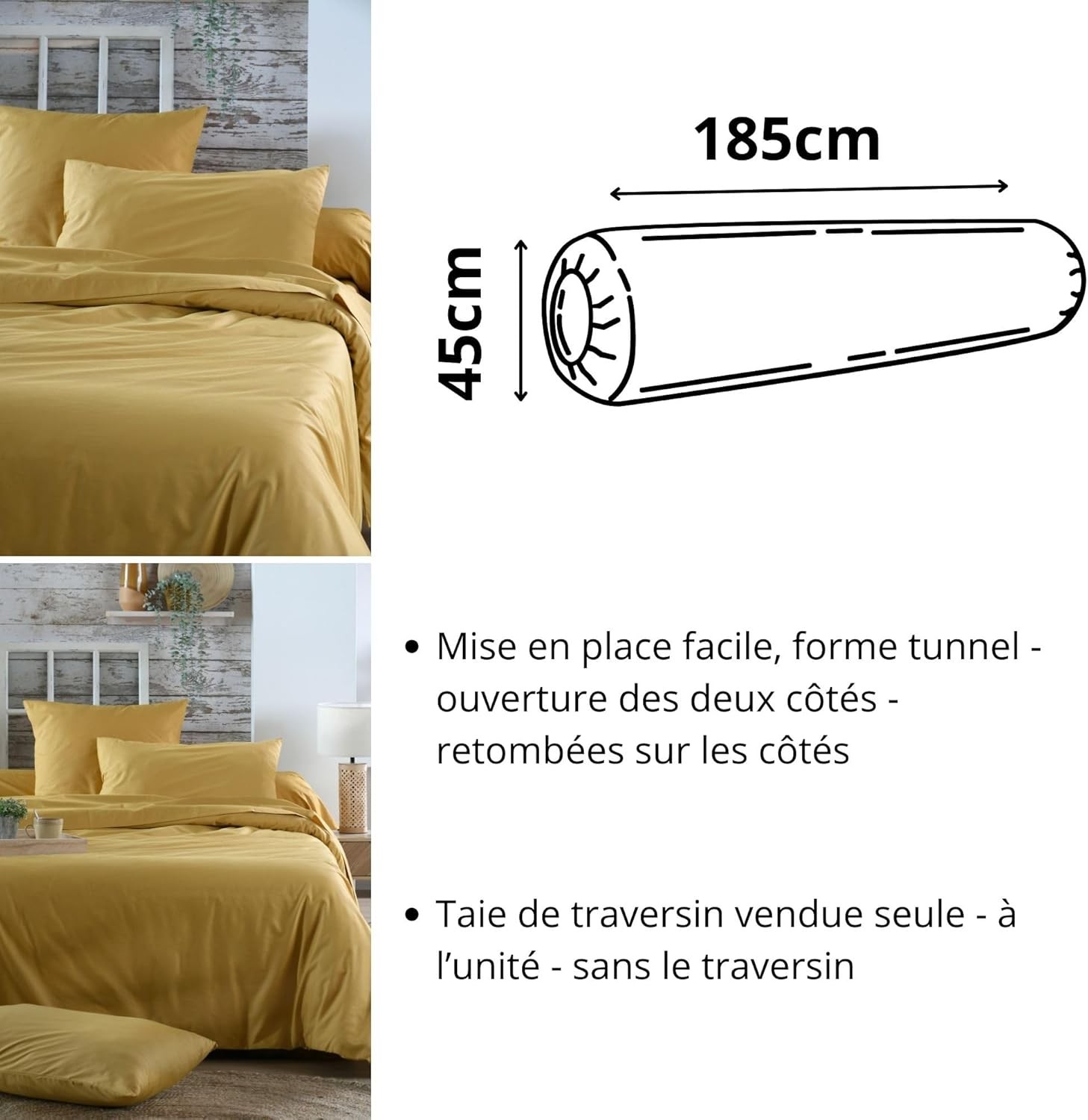 Stof - Taie de traversin 45 x 185 cm Elysée 78 fils Percale Moutarde
