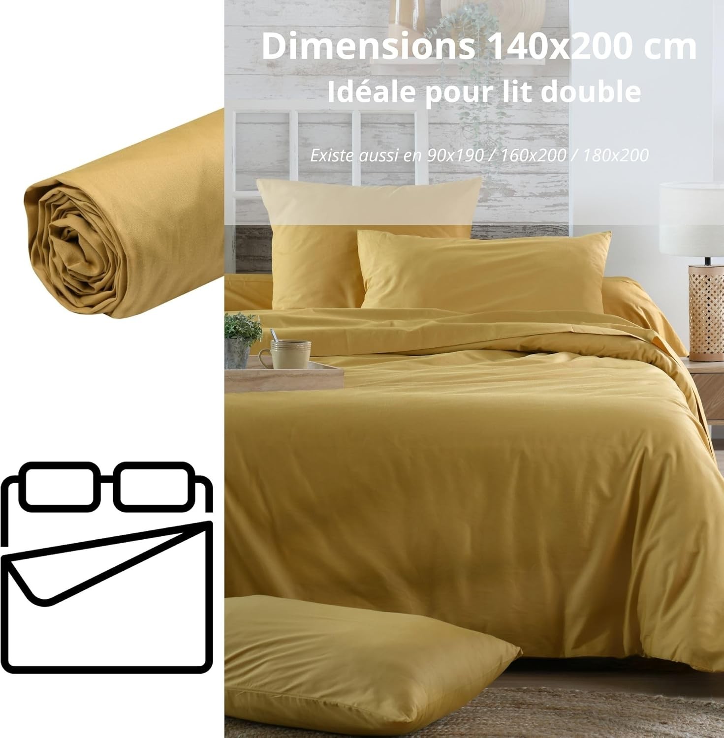 Drap Housse Stof 140 x 200 cm bonnet 30cm 78 Fils Percale Elysée Moutarde