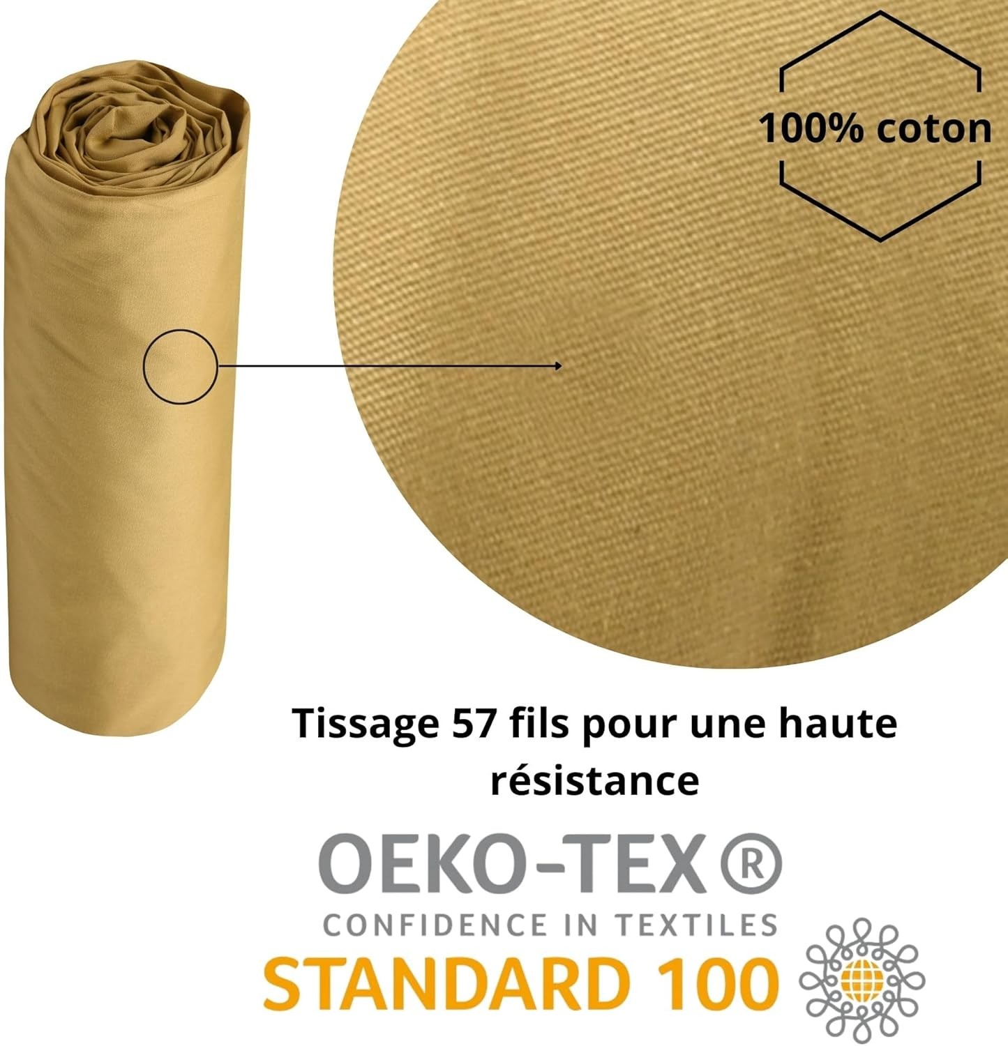 Drap Housse Stof 140 x 200 cm bonnet 30cm 78 Fils Percale Elysée Moutarde