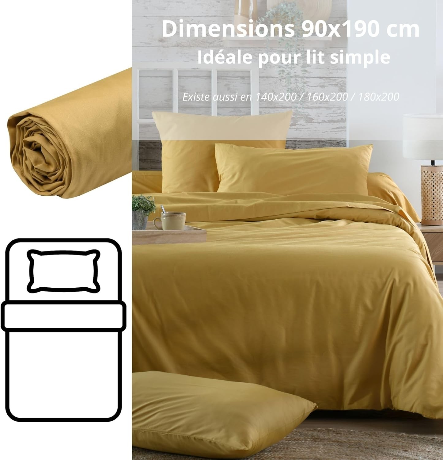 Drap Housse Stof 90 x 190 cm bonnet 30cm 78 Fils Percale Elysée Moutarde