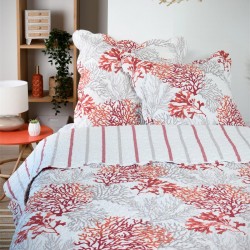 Boutis Couvre lit  220x240cm, 2 taies 65x65cm, 100% Microfibre Quiberon Corail