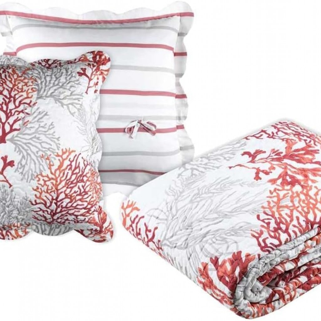 Boutis Couvre lit  220x240cm, 2 taies 65x65cm, 100% Microfibre Quiberon Corail