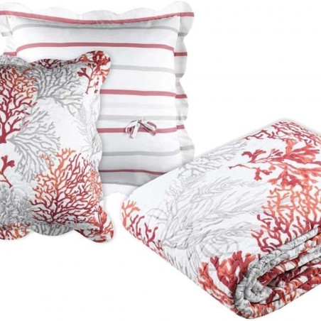 Boutis Couvre lit  220x240cm, 2 taies Quiberon Corail