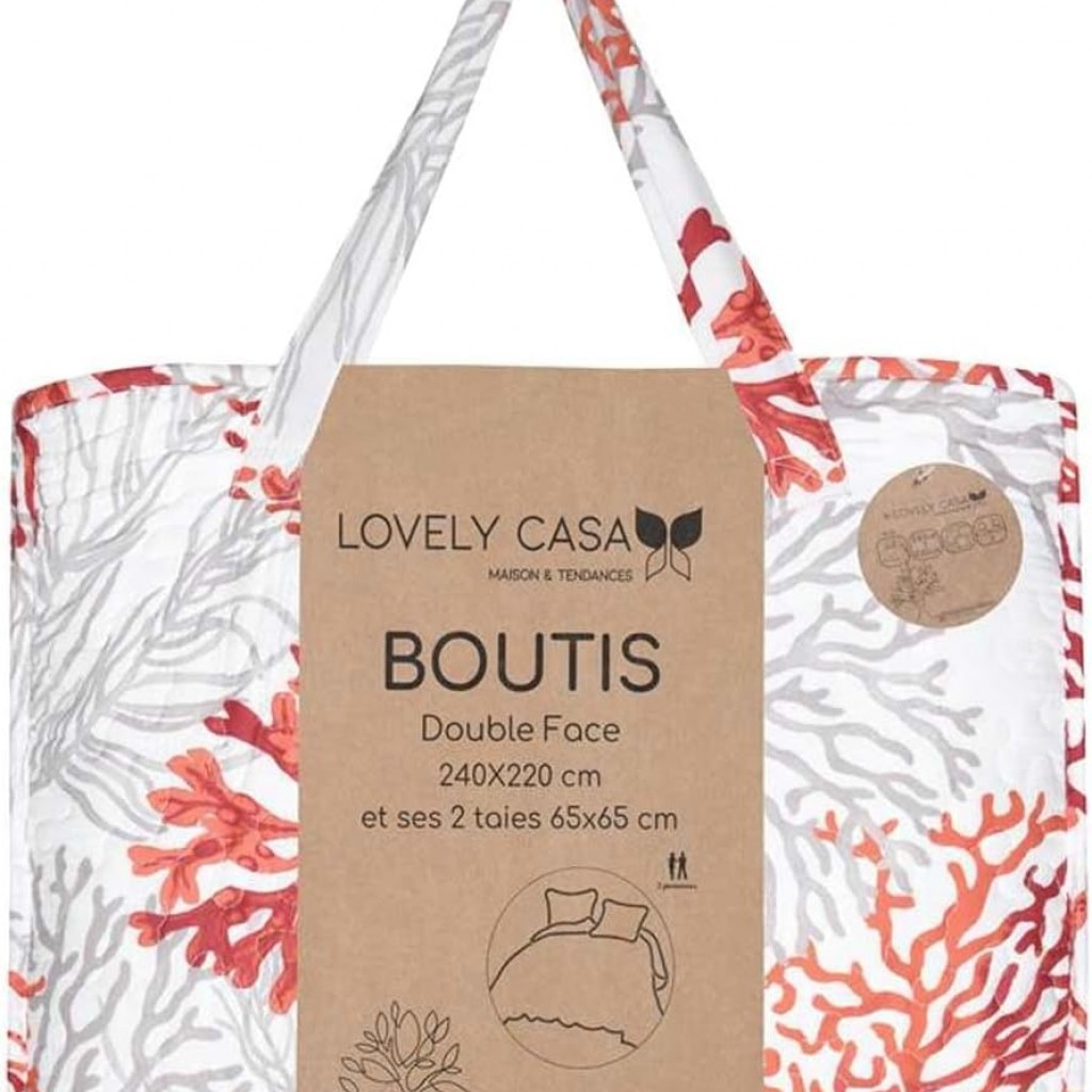 Boutis Couvre lit  220x240cm, 2 taies 65x65cm, 100% Microfibre Quiberon Corail