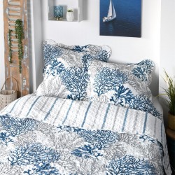 Boutis Couvre lit  260x240cm, 2 taies 65x65cm, 100% Microfibre Quiberon Corail Bleu Gris