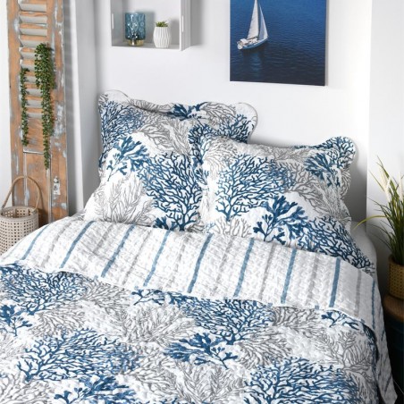 Boutis Couvre lit  260x240cm, 2 taies 65x65cm, 100% Microfibre Quiberon Corail Bleu Gris