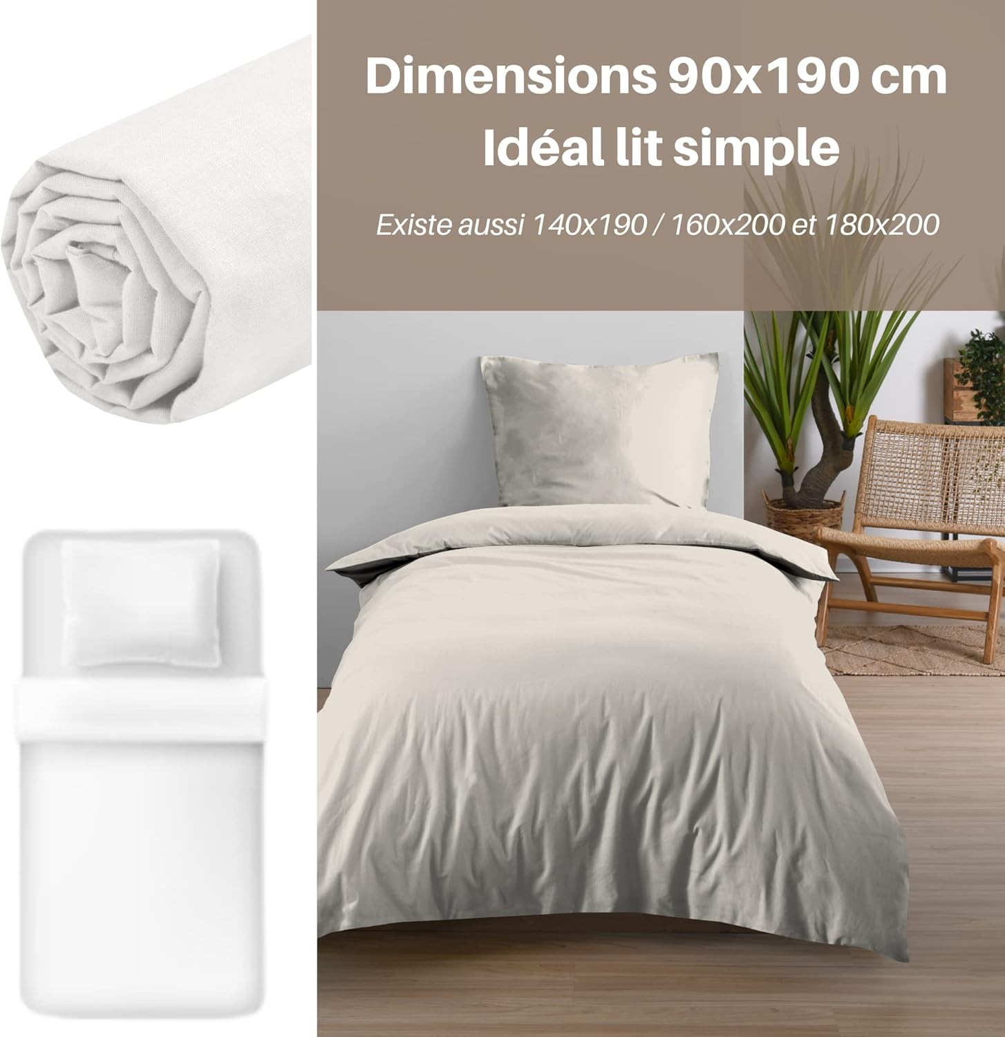Drap Housse Stof 90 x 190 cm bonnet 30cm 57 fils Coton Eden Ivoire