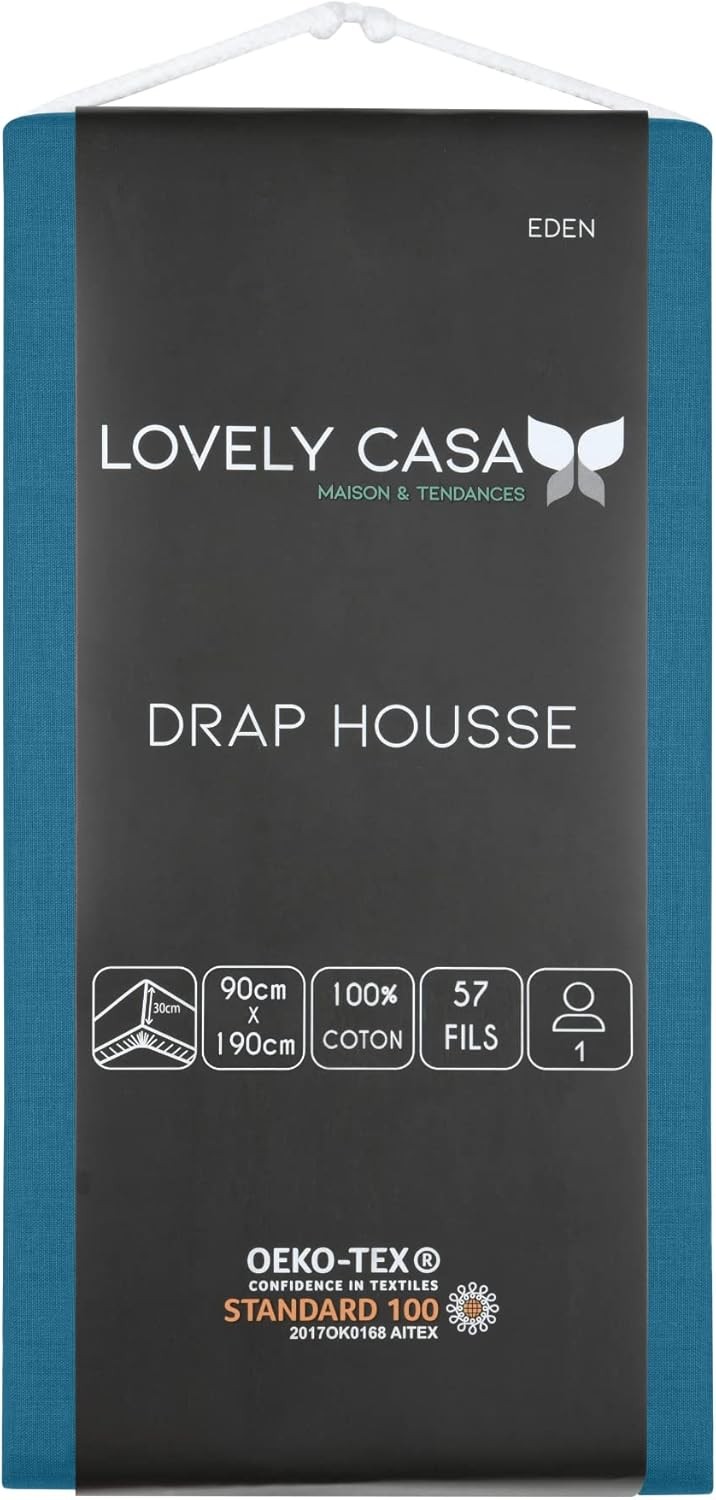 Drap Housse Stof 90 x 190 cm bonnet 30cm 57 fils Coton Eden Bleu Petrole Drap Housse Stof 90 x 190 cm bonnet 30cm 57 fils Coton Eden Bleu Petrole