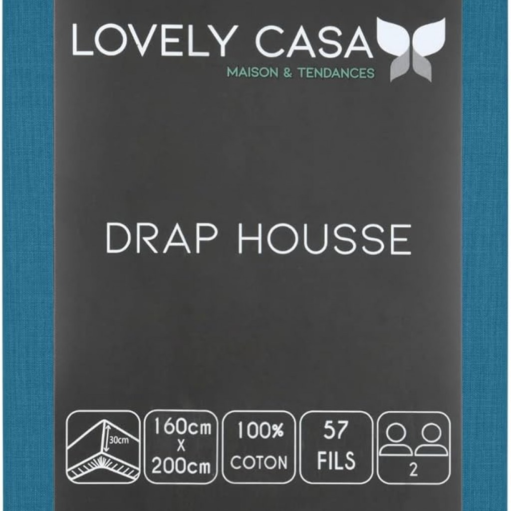 Drap Housse Stof 160 x 200 cm bonnet 30cm 57 Fils Coton Eden Bleu Pétrole