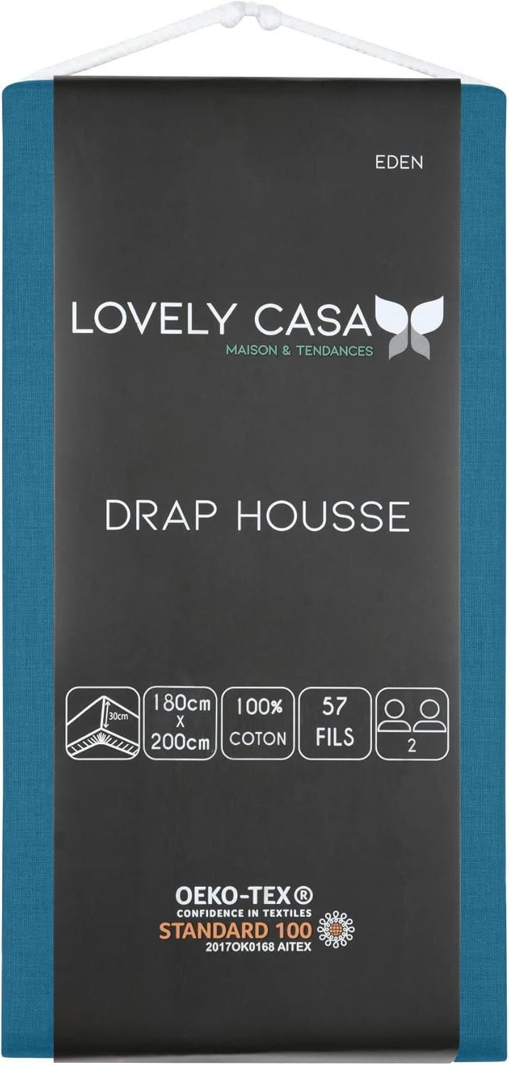 Drap Housse Stof 180 x 200 cm bonnet 30cm 57 Fils Coton Eden Bleu Petrole Drap Housse Stof 180 x 200 cm bonnet 30cm 57 Fils Coton Eden Bleu Petrole
