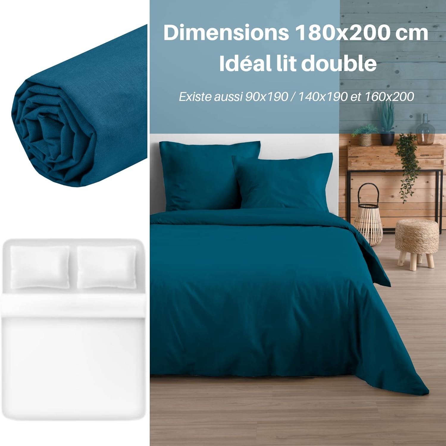 Drap Housse Stof 180 x 200 cm bonnet 30cm 57 Fils Coton Eden Bleu Petrole Drap Housse Stof 180 x 200 cm bonnet 30cm 57 Fils Coton Eden Bleu Petrole
