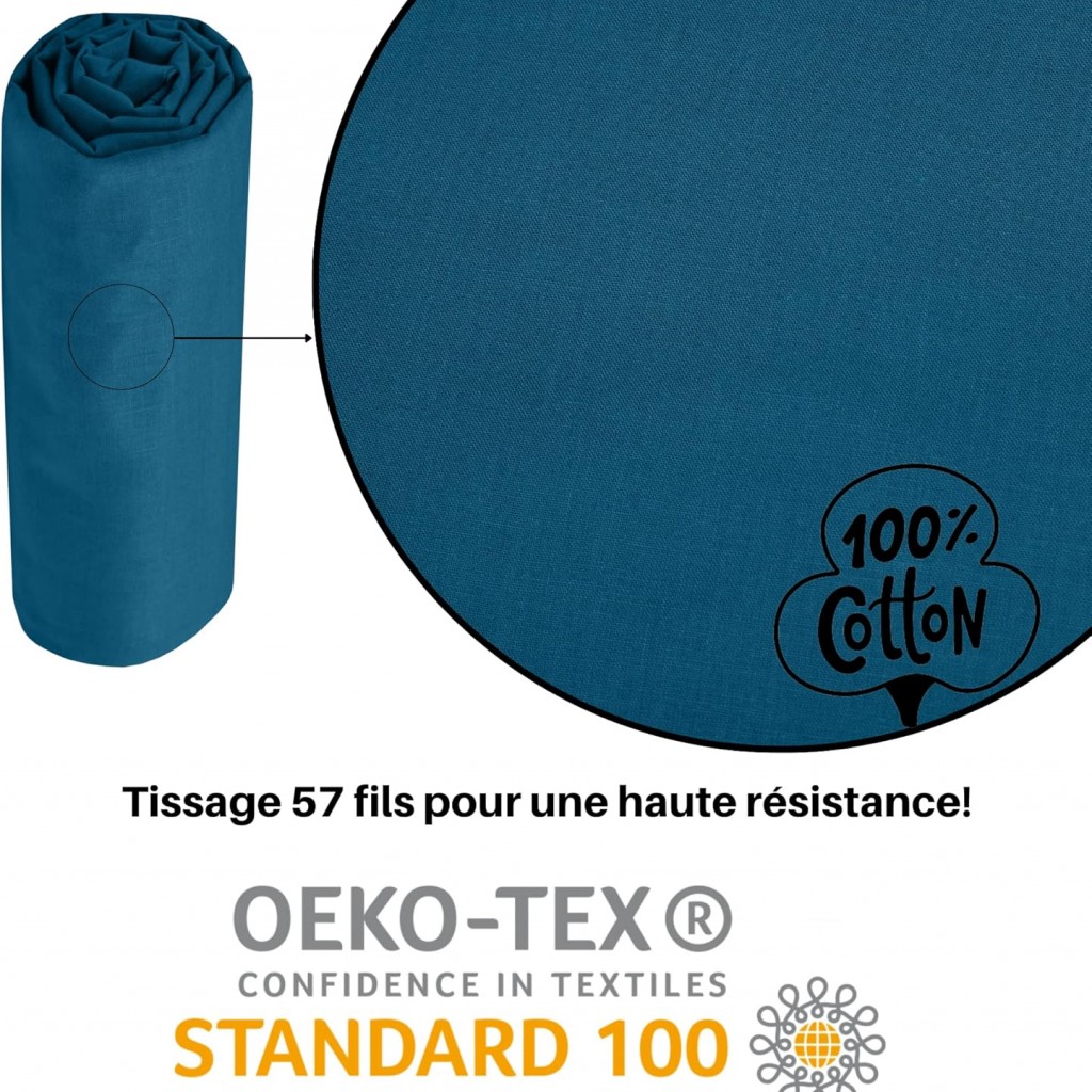 Drap Housse Stof 180 x 200 cm bonnet 30cm 57 Fils Coton Eden Bleu Petrole
