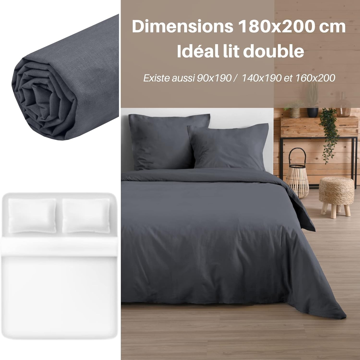 Drap Housse Stof 180 x 200 cm bonnet 30cm 57 Fils Coton Eden Ardoise Drap Housse Stof 180 x 200 cm bonnet 30cm 57 Fils Coton Eden Ardoise