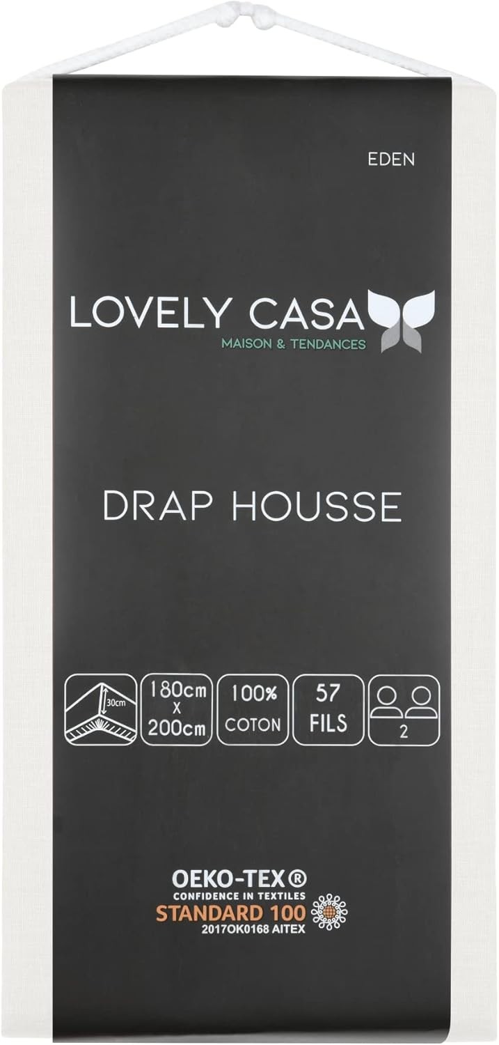 Drap Housse Stof 180 x 200 cm bonnet 30cm 57 Fils Coton Eden Ivoire