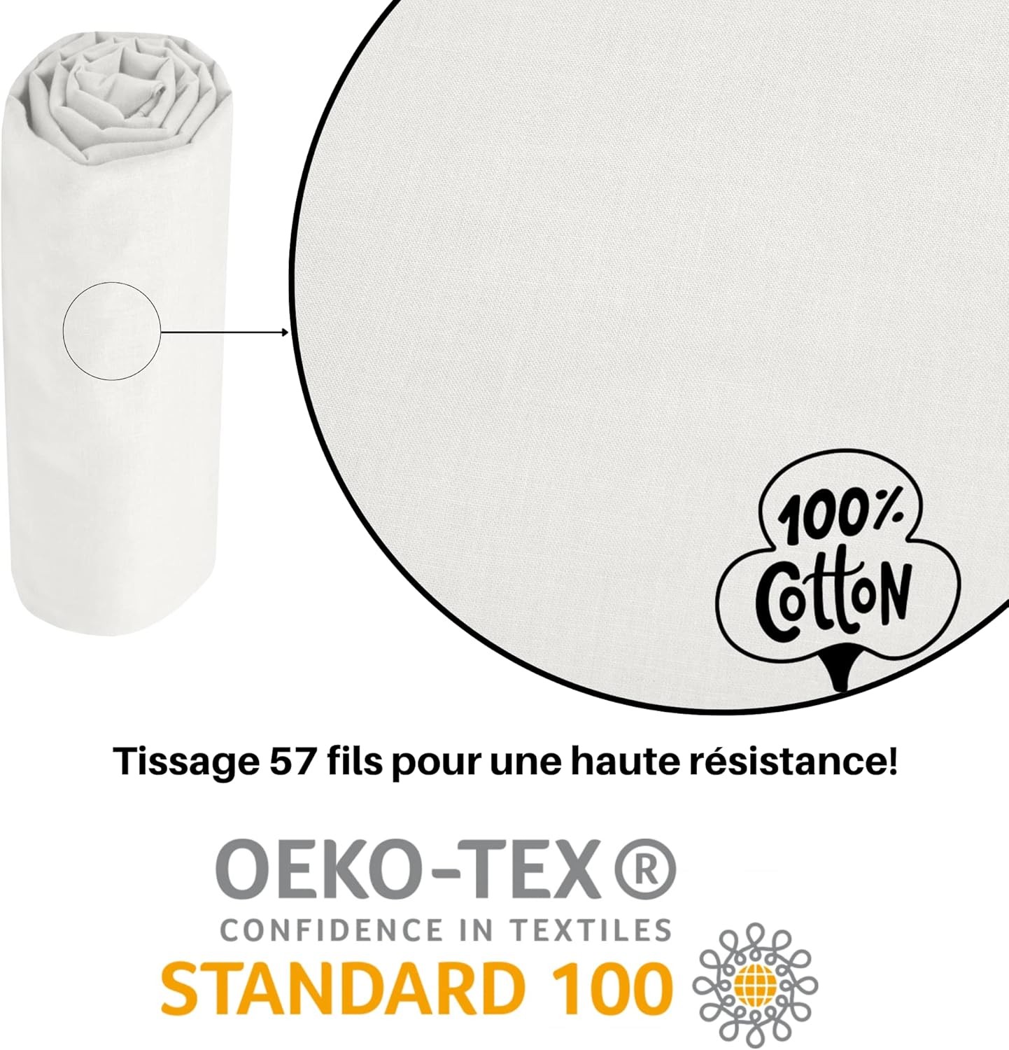 Drap Housse Stof 180 x 200 cm bonnet 30cm 57 Fils Coton Eden Ivoire
